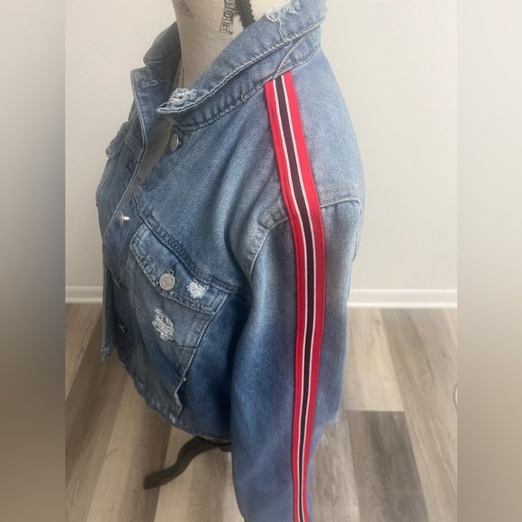 Red Striped Distressed Jean Jacket! - Picture 5 of 13